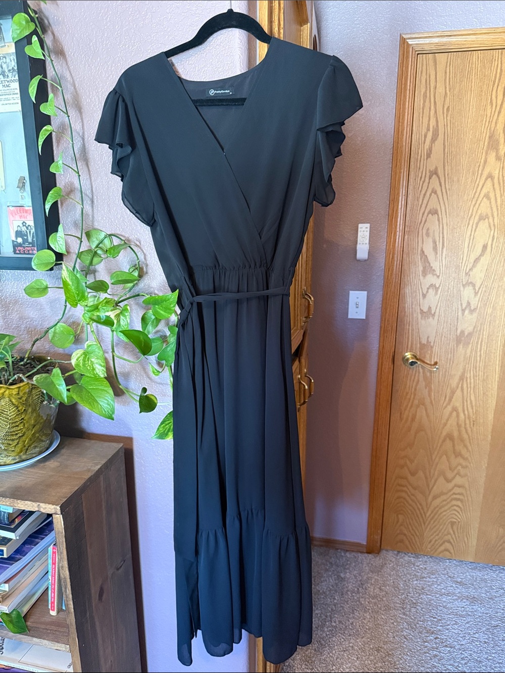 Black Ruffle-Sleeve Wrap Maxi Dress